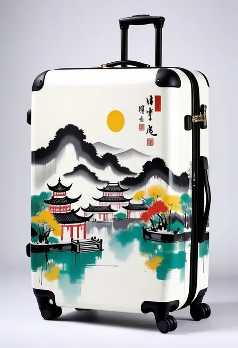 suitcases,printing:Geometric abstract ink,Describe the Jiangnan landscape architectural complex,Wu Guanzhong's style is an artistic expression that combines traditional Chinese ink painting techniques with Western painting concepts.. It features modern...