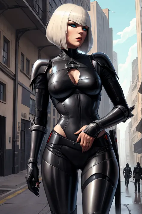 1 beautiful female, heavy metal ,  bobcut, fututristic, city street, assassin