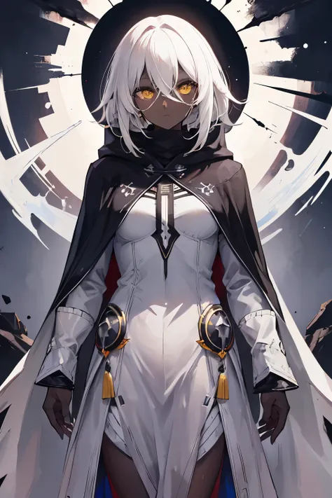 best res, highest res, absurd res, (((((dark skin))))), yellow eyes, whitish hair, (((nomad cloak))), 1girl, absurd res, good face, power overflowing