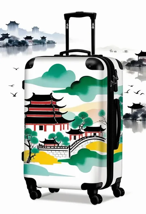 suitcases,printing:Geometric abstract ink,Describe the Jiangnan landscape architectural complex,Wu Guanzhong's style is an artistic expression that combines traditional Chinese ink painting techniques with Western painting concepts.. It features modern...