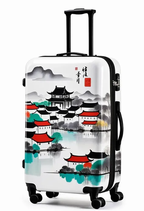 suitcases,printing:Geometric abstract ink,Describe the Jiangnan landscape architectural complex,Wu Guanzhong's style is an artistic expression that combines traditional Chinese ink painting techniques with Western painting concepts.. It features modern...
