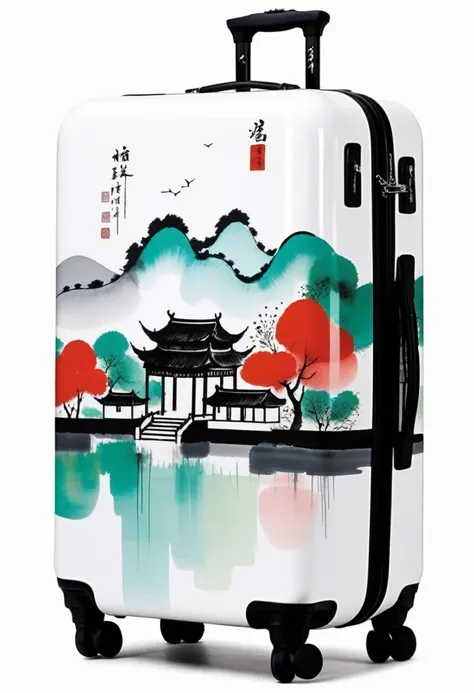 suitcases,printing:Geometric abstract ink,Describe the Jiangnan landscape architectural complex,Wu Guanzhong's style is an artistic expression that combines traditional Chinese ink painting techniques with Western painting concepts.. It features modern...