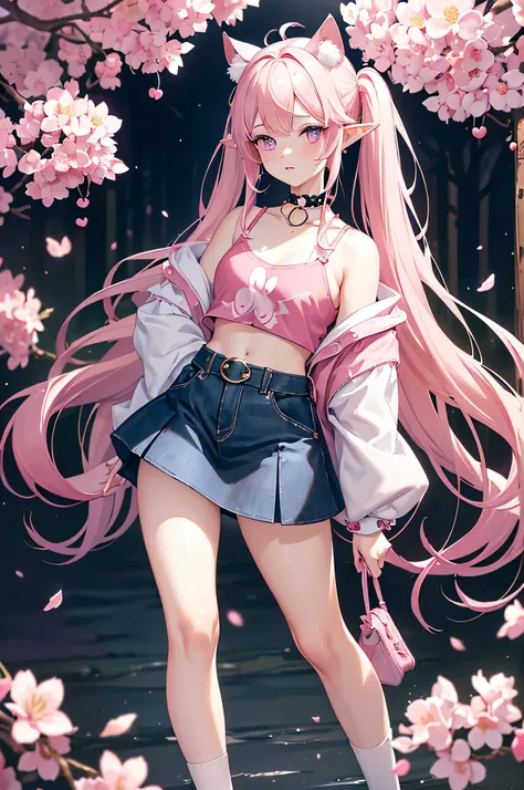 1 girl, long blonde hair tied back, with a ponytail, long wavy hair, pink cherry blossom accessories in hair, pink eyes, The lips open slightly, Wearing a short pink cherry blossom kimono with colorful flowers on it, elf ears, white long socks, blue purple...