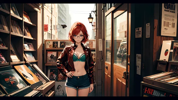 ((1girl)), one beautiful girl, detailed beautiful hair, detailed beautiful eyes, short red hair, small breasts, glasses, loose unzipped leather jacket, green bra, jean shorts, record store, records, vinyl, open door, open window, evening, nighttime, standi...