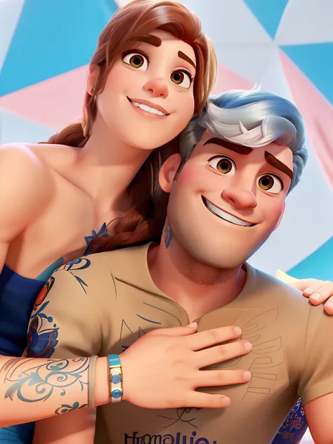 Casal (homem moreno e mulher branca) no estilo Disney Pixar, alta qualidade, melhor qualidade.