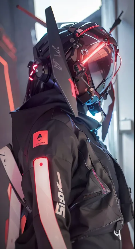 Masterpiece, best quality, a close-up of a futuristic-looking cyborg girl with a fantastic cyberhelmet head with red triangular LED lights and a halo, dressed in a black Techwear jacket, full body white background