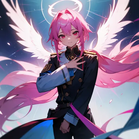 Human- seraphim male, boy , wearing a royalty uniform, pink and half blue hair, red eyes, having 2 wings on his head and a halo on his head