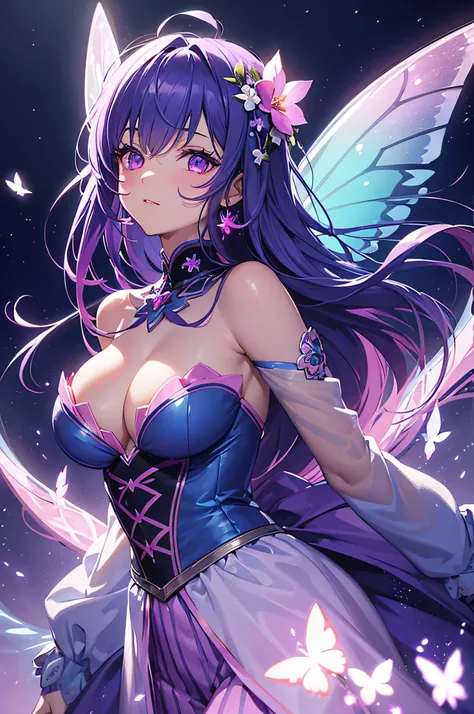 masterpiece, highest quality, super detailed, very detailed, sharp focus, 1 girl, sparkling purple mixed blue hair, pink eyes, Shining light blue mix light pink flower costume, Shining flowers are blooming around her, There are shining butterflies around h...