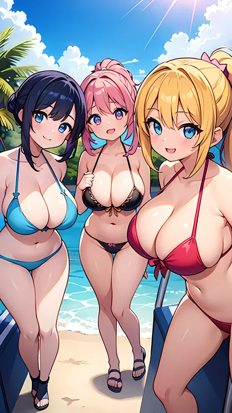 (anime screencap:1.2), (best quality, ultra-detailed, paintings, studio lighting, vivid colors, beautiful detailed eyes, beautiful detailed lips, (4 cute girls:1.3), ponytail style, (colorful eyes), (accessories), colorful bikinis, summer fun, luxury pool,...