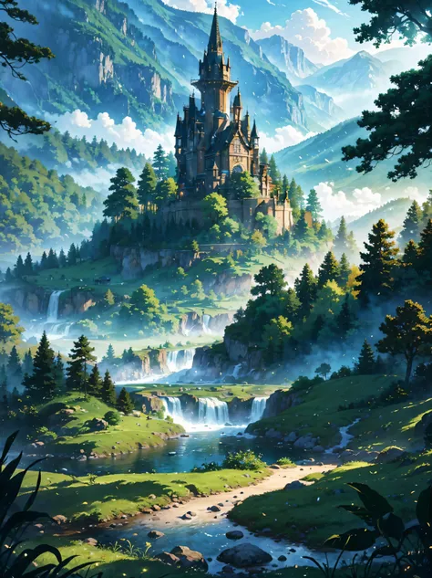 fantasy, middle age masterpiece, best quality:1.2), outdoors, nature, forest, pines, grass, tall grass, detailed grass, plants, ...