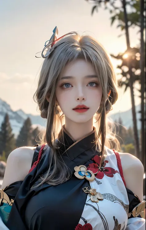 8k，artwork，Modern Hanfu,clavicle, ((bare shoulders)), ((whole body)), actual, Fashion girl, red lips, adult, cosmetic, big eyes, beautiful eyes, ((whole body)), ((from below)), (best quality, masterpiece:1.2), super detailed, (actual:1.37), ((Sexy long leg...