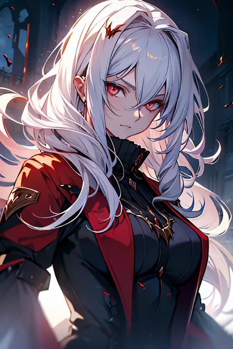 With white hair, A serious expression,side face,floating hair,light particles,glare,vivid,fancy,dreamlike,a dim atomshpere, ((Vampire girl)) ((Vampire Warrior)) ((Dark Fantasy)) ((Red-Eyes))