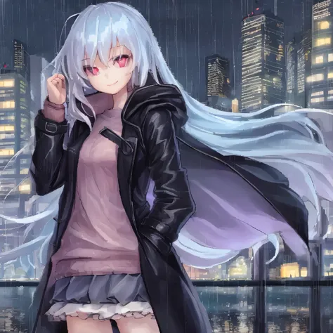 1girl, night city,rain,coat,hand in pocket 