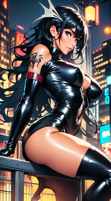 ((Realistic Lighting, Best Quality, 8K, Masterpiece: 1.3)), Focus: 1.2, 1girl, Perfectly shaped Chinese beauty: 1.4, Fine abs: 1.1, ((black long hair)), (Latex spidergirl costume: 1.4), (Outdoor, Night: 1.1), City streets, Super thin face, Thin eyes, Doubl...