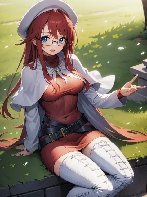 summonnightaty, aty, long hair, blue eyes, red hair, beret, hat, glasses,
BREAK long hair, thighhighs, hat, dress, boots, glasses, belt, cape, sweater, zettai ryouiki, beret, thigh boots, white footwear, ribbed sweater, loose belt,solo,
BREAK outdoors, fan...