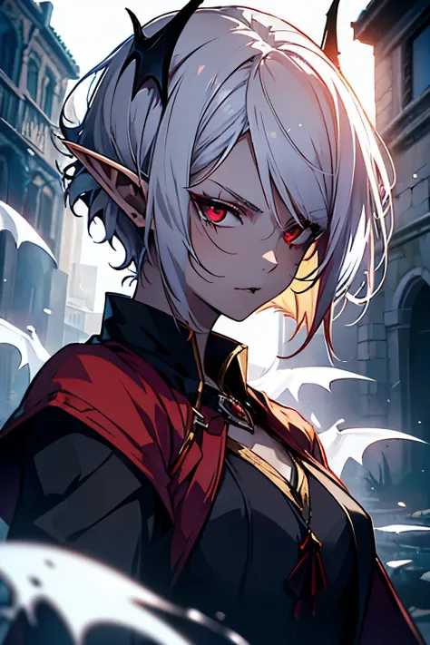 With white hair, A serious expression,side face,floating hair,light particles,glare,vivid,fancy,dreamlike,a dim atomshpere, ((Vampire girl)) ((Vampire Warrior)) ((Dark Fantasy)) ((Red-Eyes)) ((short hair)) ((elf ears))