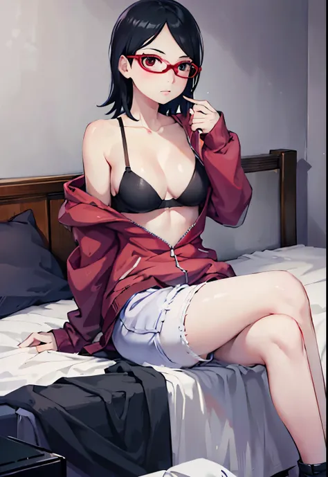 1Girl, Sitting on the bed, Black Hair, Red Glasses, No Clothes, Black Bra, Very Big Breasts, Shorts, Very realistic 