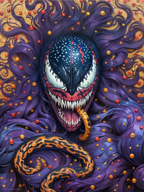  ((best quality)) , ((masterpiece)) ,((details)) ,(((Pointillism style))),(((venom))), Composed entirely of small, distinct dots of color, vibrant, highly detailed,8k resolution