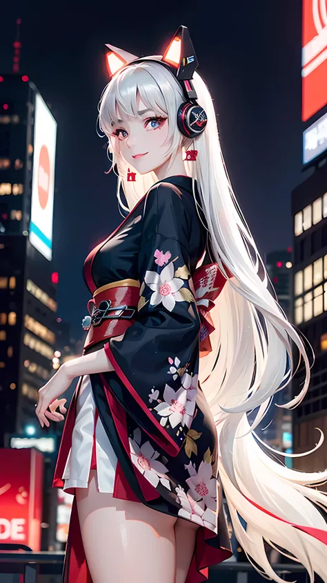 1 girl, japanese clothes, liquid silver and red, kimono, cyberpunk city, dynamic pose, glowing headphones, glowing hair accessor...