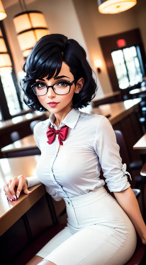 a photo of a young, nerdy woman sitting in a caf, wearing a white shirt and a bow, surrounded by a cozy atmosphere, looking at t...