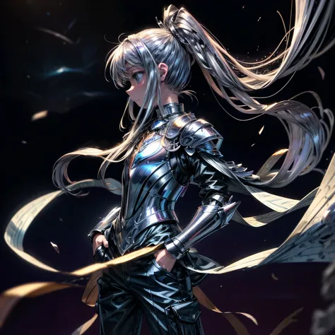 ((masterpiece、highest quality、Super fine、High resolution))、Nyaruko、solo、beautiful girl、blue eyes、15 years old、white skin、silver long hair、metal armor、universe、Keep your hands in your pants pockets、Chest does not move、Turn your back、profile、
