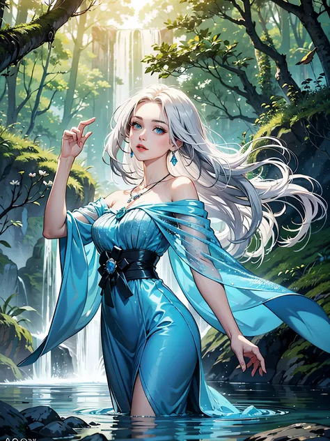 Create a mesmerizing digital painting depicting the serene beauty of an enchanted forest scene. Include a majestic waterfall with crystalline waters cascading down from rugged cliffs, surrounded by ancient trees and vibrant flora. In the center of the scen...