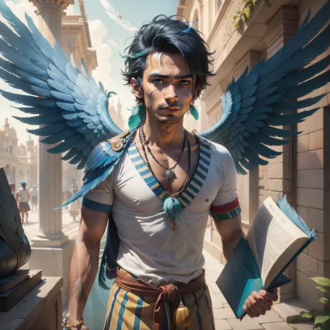 The Paujil with a Blue Feather, carrying a book under his wings and adorned with a striped band around his neck and chest, featuring vertical bands of green, white, red, and yellow.