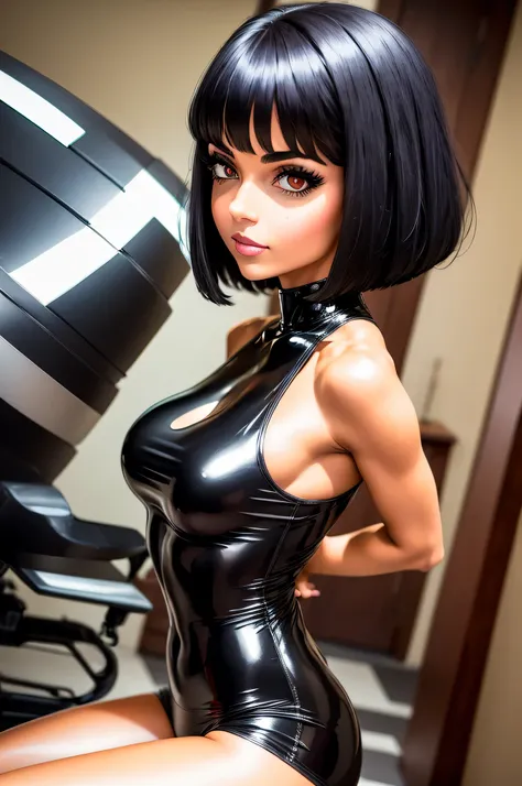 masterpiece,Best Quality,Highly detailed,1girl,Metallic White Silver tanktop,latex,Black Hair Bob,Red Eyes,