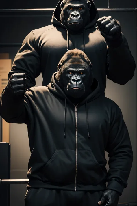 Craft a visual representation of a gorilla adorned in a allblack hoodie. In the backdrop, incorporate either a fragmented wall, all rendered in 4K UHD resolution. This gorilla is the epitome of gym mastery.