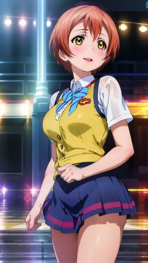 1 girl,rin hoshizora ,(lovelive),(school uniform), smile, absurd,  huge breasts, erasure of emotions,avert your eyes , whole bod...