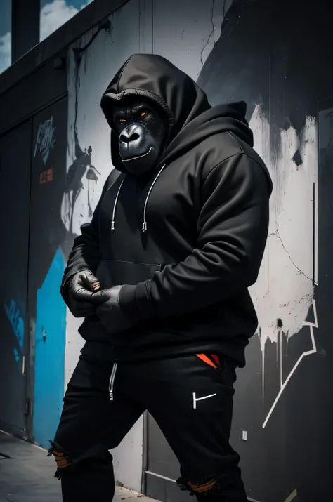 Gestalten Sie eine visuelle Darstellung eines Gorillas, who wears a stylish black hoodie. Im Hintergrund, Integrieren Sie entweder eine fragmentierte Wand oder ein lebendiges Graffiti, everything rendered in 4K UHD resolution. Dieser Gorilla ist der Inbegr...