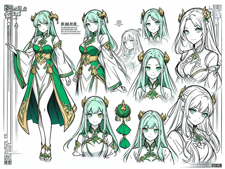 20th generation women、green hair、long hair、green eyes、dragon horn、golden hair ornament、white cheongsam（slit）、A big smile、mouth closes、character sketch、concept art、Reference sheet