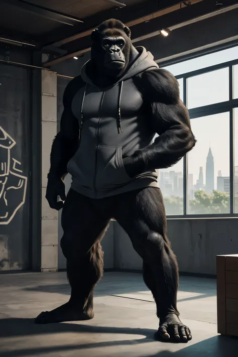 Gestalten Sie eine visuelle Darstellung eines Gorillas, who wears a stylish white hoodie. mockup. Im Hintergrund, Integrieren Sie entweder eine fragmentierte Wand oder ein lebendiges Graffiti, everything rendered in 4K UHD resolution. Dieser Gorilla ist de...