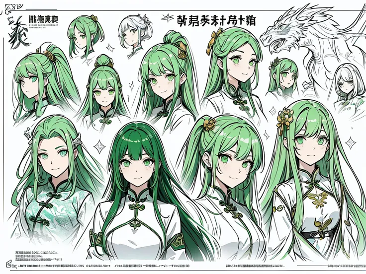 20th generation women、green hair、long hair、green eyes、dragon horn、golden hair ornament、white cheongsam（slit）、A big smile、mouth closes、character sketch、concept art、Reference sheet