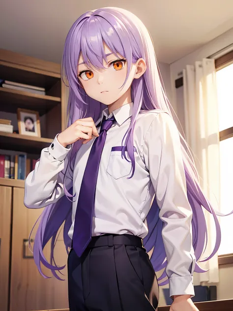 Light purple hair, teenager, tall, boy, school uniform, white shirt, dress pants, long hair, orange eyes, calm face, student, bedroom, guy, male