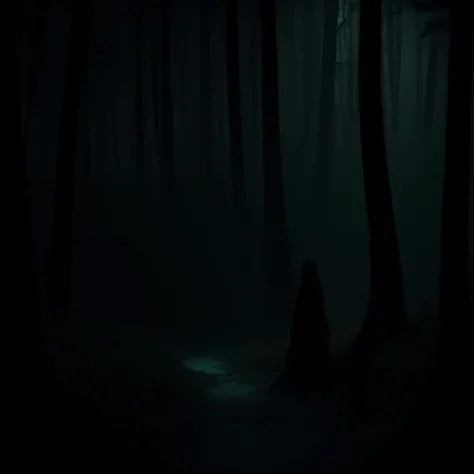 Design a dark, murky forest with a hidden figure or silhouette peering out from behind the trees, evoking a sense of mystery and anticipation. Mystic, dark, green smoked murky swamp, where a an ominous figure is lurking behind it with glowing eyes and long...