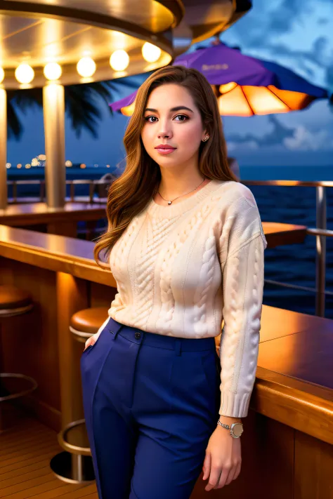 3 Girls Women Nautical Outfits Sweater Pants At Bar Lounge Luxury Yacht Caribbean Ocean Evening (obra de arte:1.2) (fotorrealista:1.2) (bokeh) (melhor qualidade) (Party on deck) (detalhes intrincados) (8K) (hdr) (analog film) (Canon D5) (Cinematic lighting...