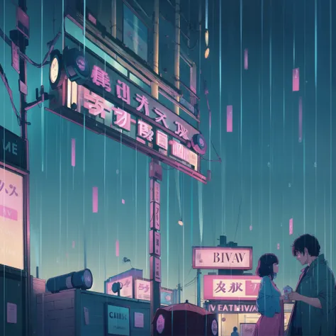 Amidst rain-soaked streets, colorful umbrellas dot the cityscape with splashes of blues and pinks. The retro-style neon signs reflect on wet pavements, creating a lofi urban symphony. Soft piano melodies set the mood, evoking a calm and contemplative atmos...