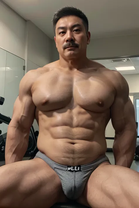 A young chinese grandfather with gray hair, mature face, a thick mustache, a big muscular body, wearing big bulging underwear sitting at gym, have belly, big muscular chest, sexy pose