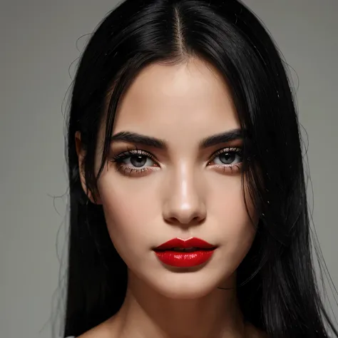 create a women with black hair her skin is white and she have red lips