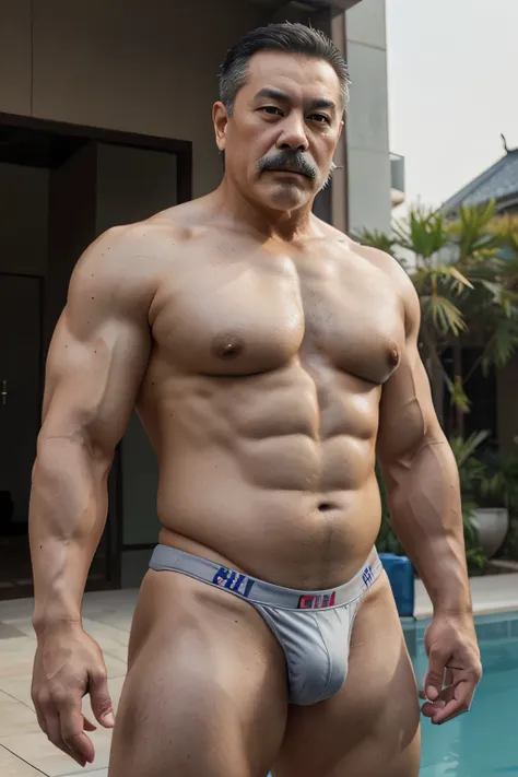 A Chinese mature daddy with gray hair, mature face, a thick mustache, a big muscular body, wearing big bulging underwear standing at pool, have belly, big muscular chest, sexy pose