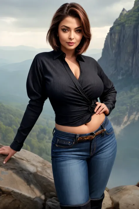 Full body photo of SEXY 50YO MATURE MILF AISHWARYA RAI as CORPORATE LADY, (((removing clothes))), ((black denim jeans with knotted mini shirt)), ((navel showing)), ((knee high boots)), (((seductive posing in mountain top))), day scene, curvaceous mature ho...