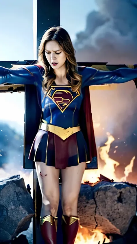 highest quality,masterpiece,UHD, Super detailed, 8K,(Beautiful woman),(一人のBeautiful woman),((crucifixion:1.5)),(((cross))),(execution),((incontinence)),scared,torture,slave,((crossにcrucifixionにされた女性:1.5)),crucifixion刑,((supergirl:1.5)),blue suit,Superman l...