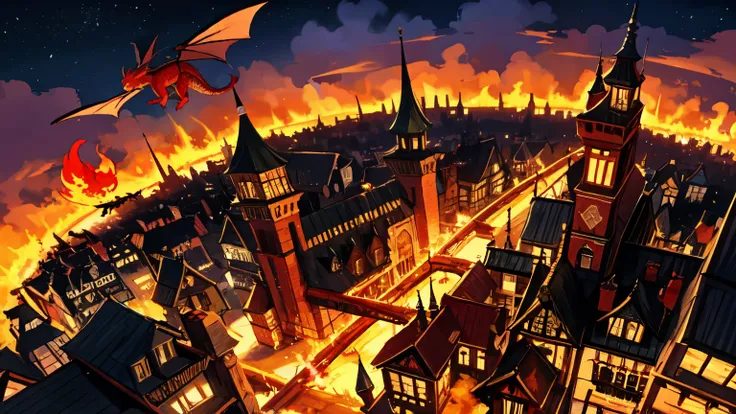 Fantasy city top view, medieval city, red dragon flies over the city, the dragon breathes fire, The city is on fire, dragon high in the sky, Fantasy City, Wooden houses