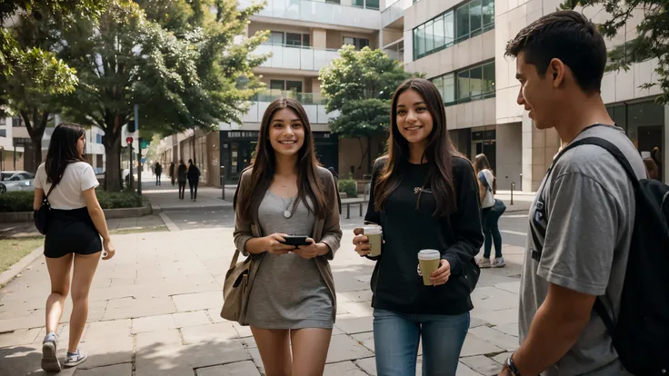 Describe a realistic scene of a young 26-year-old female student walking through the busy streets of the university campus. She is dressed in comfortable and modern clothes, carregando uma mochila nas costas. Her face radiates a genuine smile as she intera...