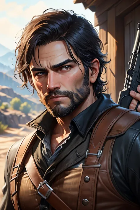 make the face of a man with indian characteristics, short wavy black hair and eyes, beard untrimmed and thin, serious look.red dead redemption 2 holding gun on shoulders
