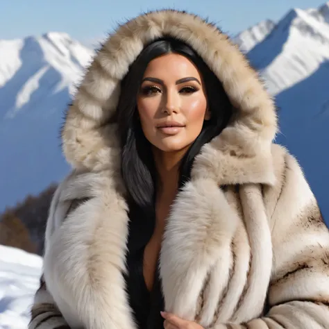 A very long, super puffy and duffy faux fur coat, imitation renard blanc avec une énorme capuche de fourrure très épaisse sur les épaules de Kim Kardashian ,avec deux gros seins nus clairement visibles, she is completely naked and opens her fur coat wide, ...