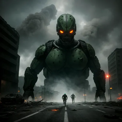 a giant cyborg-monster with a lizard body, Spitting green acid on the floor, devastated city, ultra-detailed, huge size, destructive nature, Sinister presence, fierce expression, intense gaze, Defaced Buildings, destroyed vehicles, Ruined infrastructure ov...