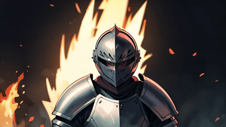 knight, in plate armor, face covered with helmet, fire behind