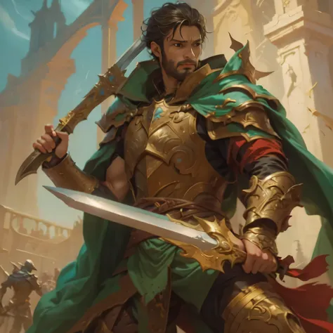 a painting of a man in armor holding a sword, peter mohrbacher donato giancola, arsen lupin as a paladin, magic : the gathering art, a human male paladin, male paladin, magic the gathering art, magic the gathering art style, mtg art, planeswalker, fantasy ...